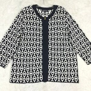 Jones New York‎ Womens Cardigan Sweater Blue Navy White Geometric Stripe Zip 2X
